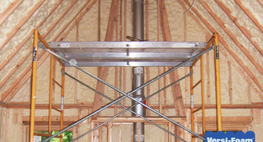 Construction platform inside house to reach ceiling for spray foam insulation application